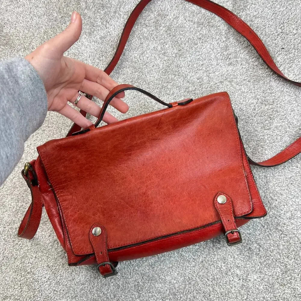 Vintage Red Genuine Leather Classic Cross-Body Messenger Bag Purse